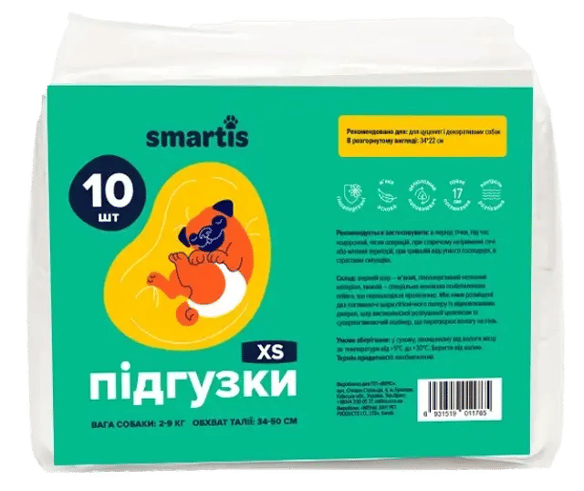 Підгузки для собак (сук) XS 34*26 см №10 "Smartis" - фото продукту Фауна