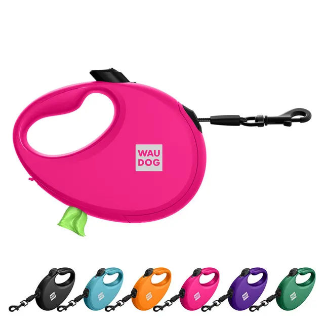 Повідець-рулетка для собак WAUDOG R-leash з контейнером для пакетів, світловідбивна стрічка, M, до 20 кг, 5 м, рожевий - фото продукту Фауна
