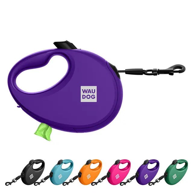 Повідець-рулетка для собак WAUDOG R-leash з контейнером для пакетів, світловідбивна стрічка, M, до 20 кг, 5 м, фіолетовий - фото продукту Фауна