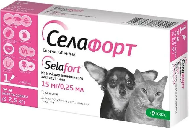 Селафорт для котів і собак до 2,5 кг 15 мг піпетка "KRKA" - протипаразитарні краплі - фото продукту Фауна