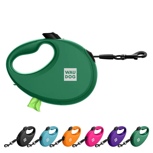 Повідець-рулетка для собак WAUDOG R-leash з контейнером для пакетів, світловідбивна стрічка, M, до 20 кг, 5 м, зелений - фото продукту Фауна