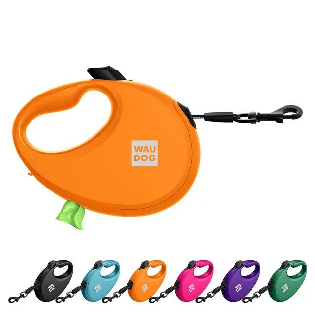 Повідець-рулетка для собак WAUDOG R-leash з контейнером для пакетів, світловідбивна стрічка, S, до 12 кг, 3 м, помаранчевий - фото продукту Фауна