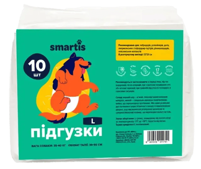 Підгузки для собак (сук) L 53*26 см №10 "Smartis" - фото продукту Фауна