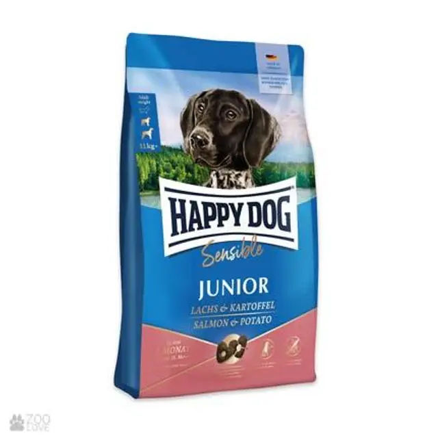 Хеппі Дог Junior Sensible Salmon & Potato 10 кг, для цуценят від 7 міс. до 18 міс. середніх і великих порід. Лосось та картопля  - фото продукту Фауна