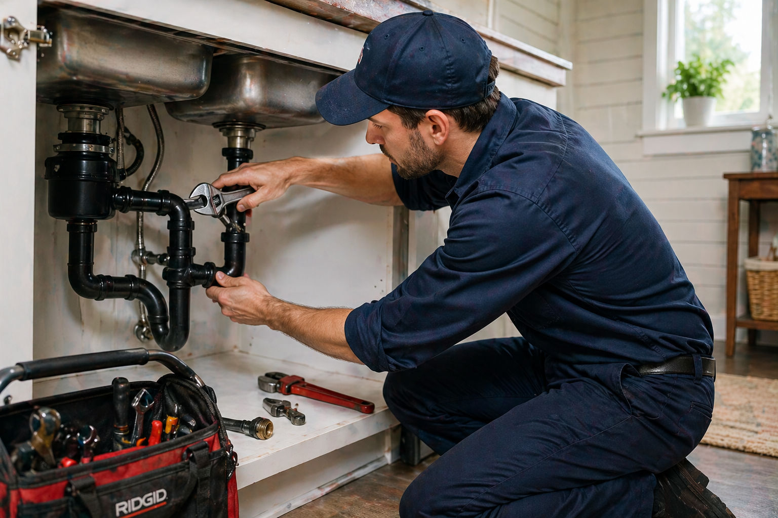 A worker fixing pipes with tools in an industrial indoor environment.