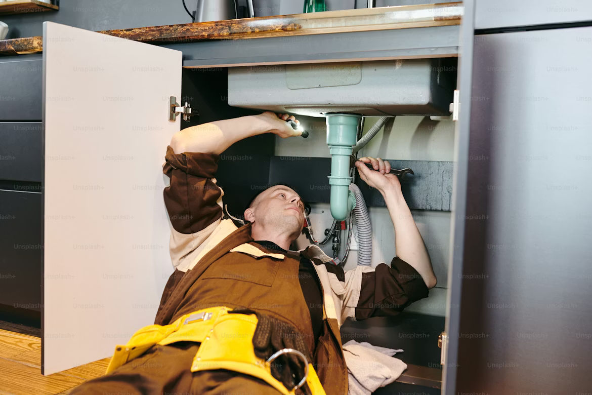 Close-up of a plumber's hands installing steel pipes indoors, showcasing skilled manual work.