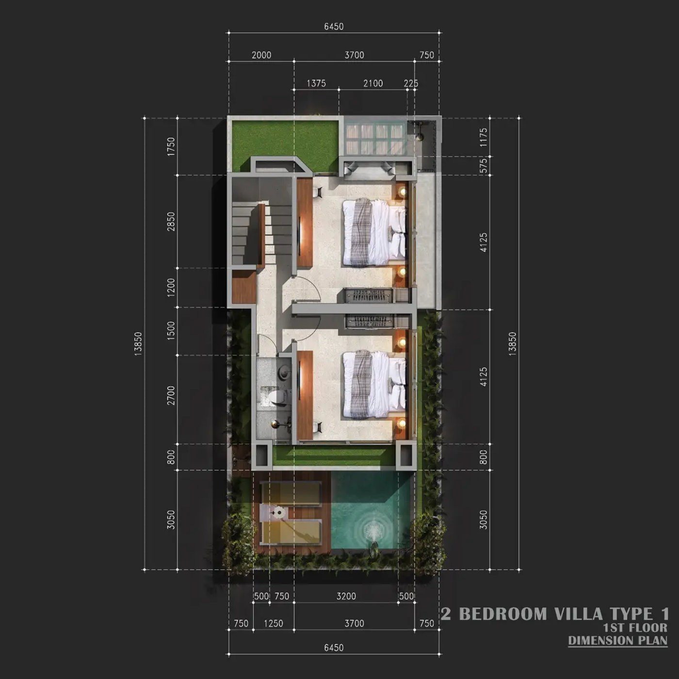 Půdorys prvního patra — investiční vila The Bayuh Oases Bali
