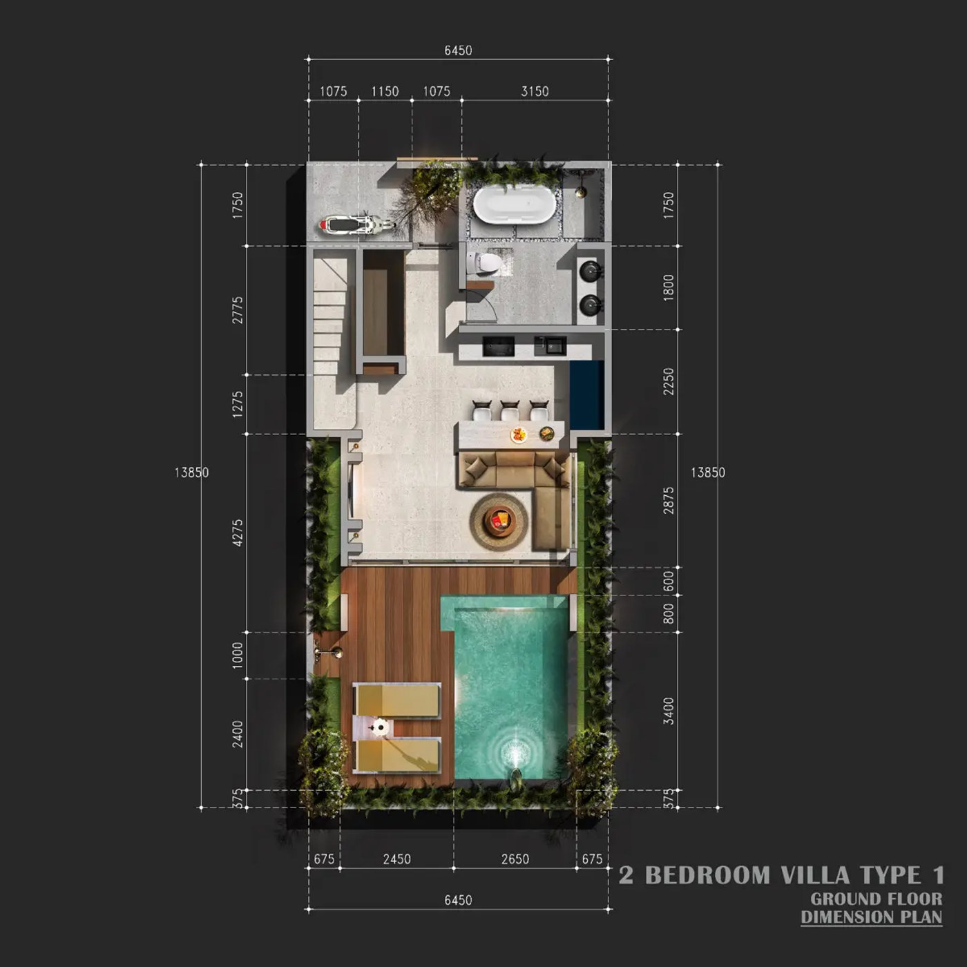 Půdorys přízemí — investiční vila The Bayuh Oases Bali