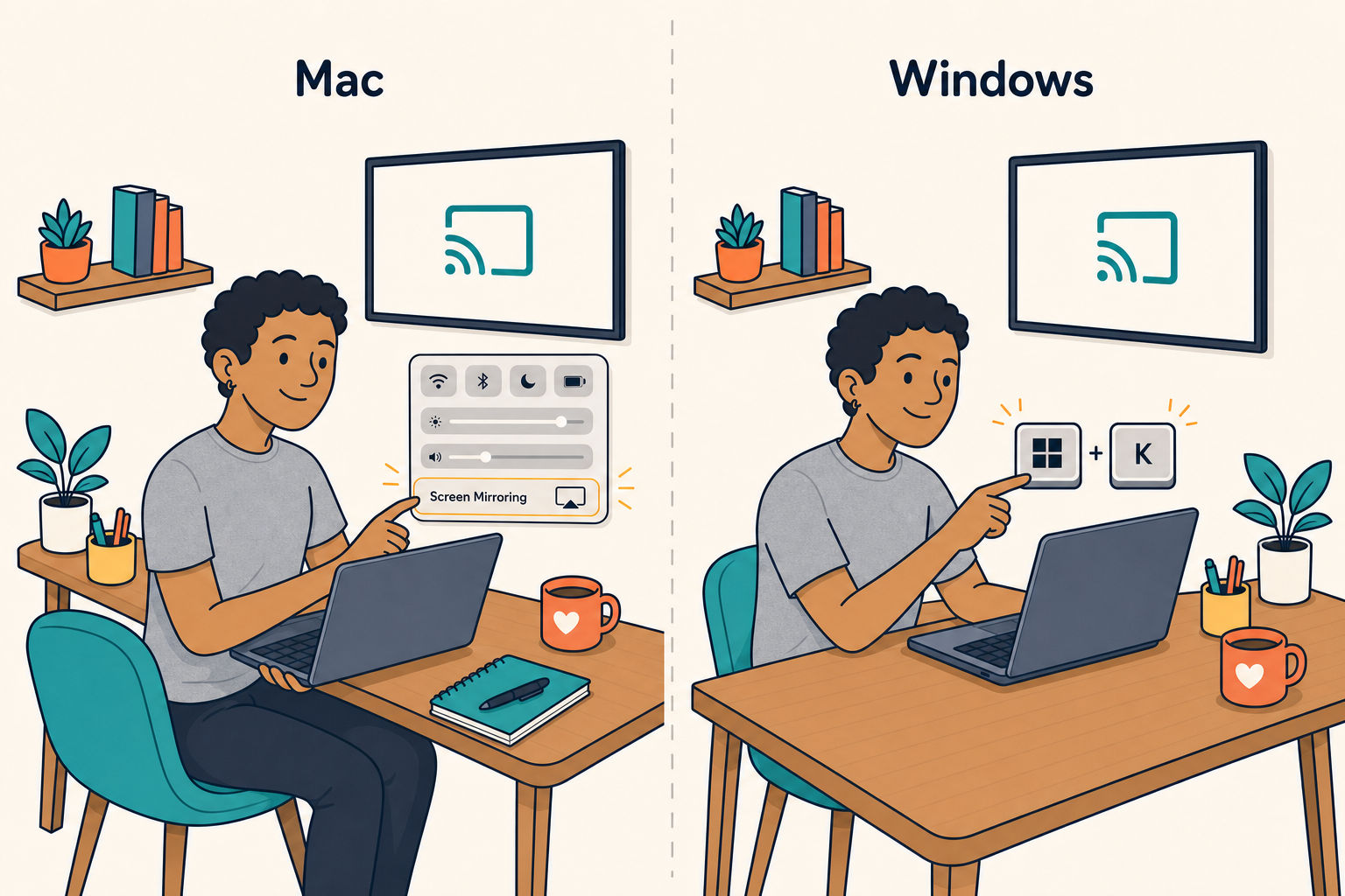 Screen mirroring controls on Mac and Windows