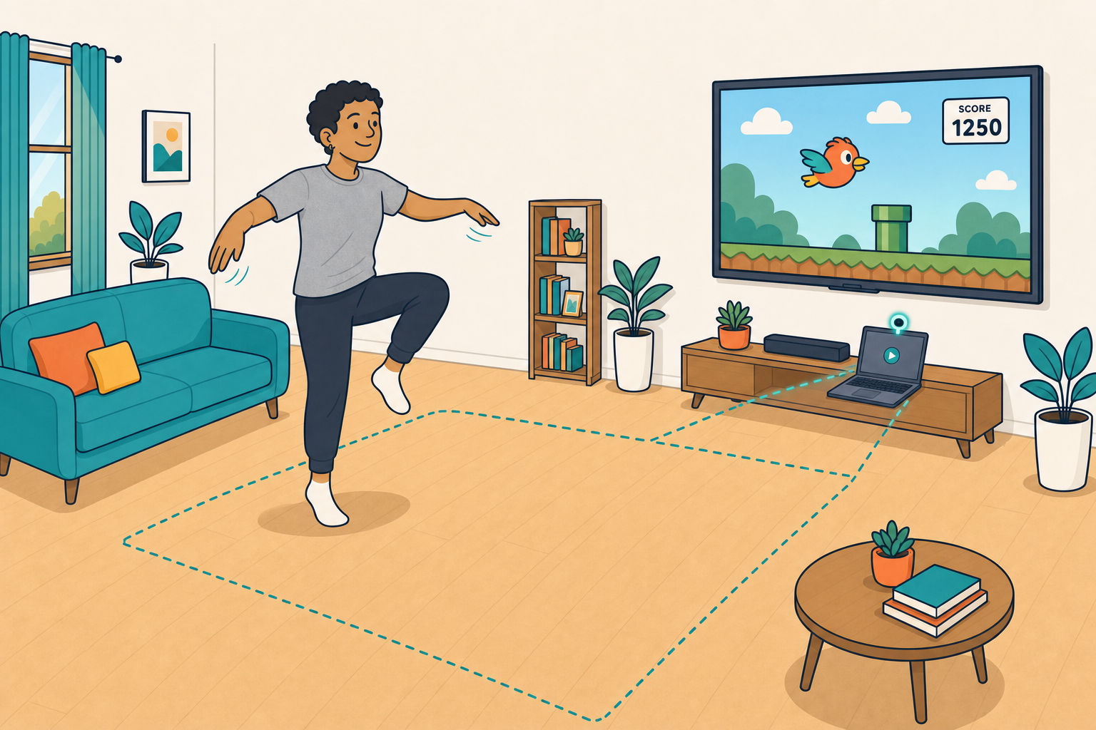 Playing MoveToPlayGames on a TV while the laptop camera watches the player