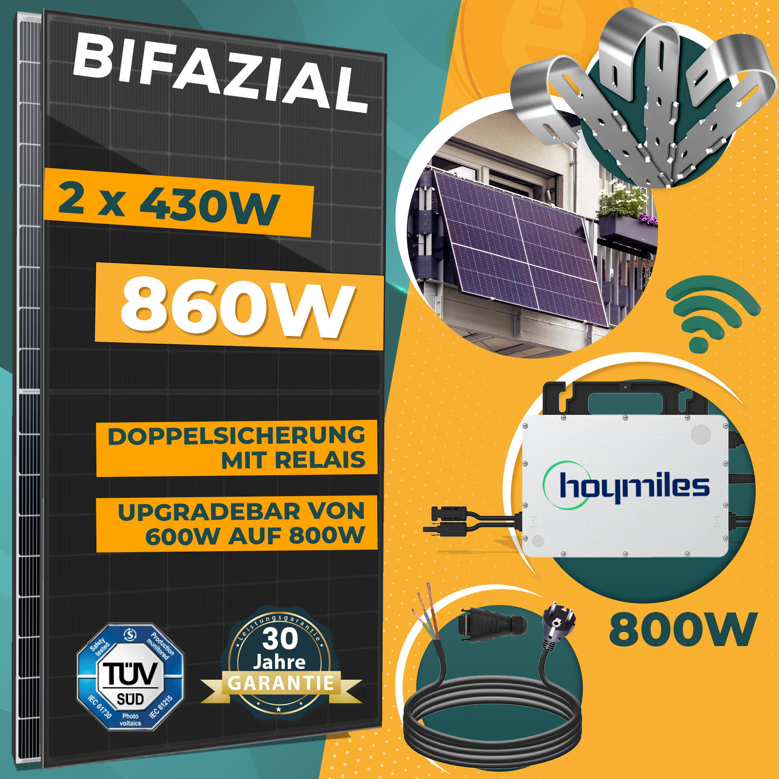 860W Balkonkraftwerk Komplettset inkl. 430W Bifazial Solarmodule, Hoymiles  HMS-800W-2T Upgradefähiger WIFI Wechselrichter, Schuko Stecker und  Balkongeländer Rund PV-Montage - Enprove Solar GmbH