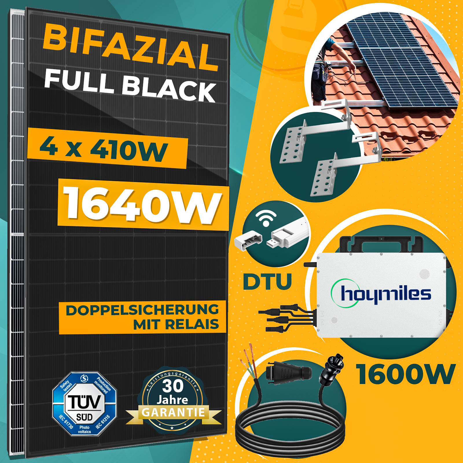 1640W Balkonkraftwerk Komplettset inkl. 410W Bifazial Solarmodule, Hoymiles  HMS-1600W-4T Wechselrichter, DTU-Wlite-S, 10M Wielandstecker und Ziegeldach  PV-Montage - Enprove Solar GmbH