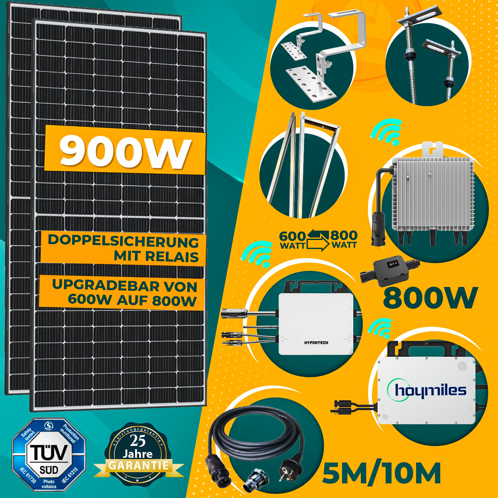 enprovesolar Solaranlage 2000W Balkonkraftwerk Komplettset inkl. 500W  Solarmodule, Hoymiles HMS-2000W-4T Wechselrichter, DTU-Wlite-S, 5M  Wielandstecker und Aufständerung Süd Basis PV-Montage