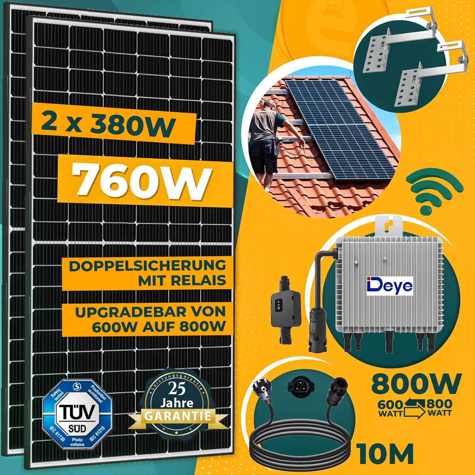 760W Balkonkraftwerk Komplettset inkl. 380W Solarmodule, Neu Generation  Deye 800W WIFI Wechselrichter mit Relais, Schuko Stecker und Ziegeldach PV-Montage  - Enprove Solar GmbH