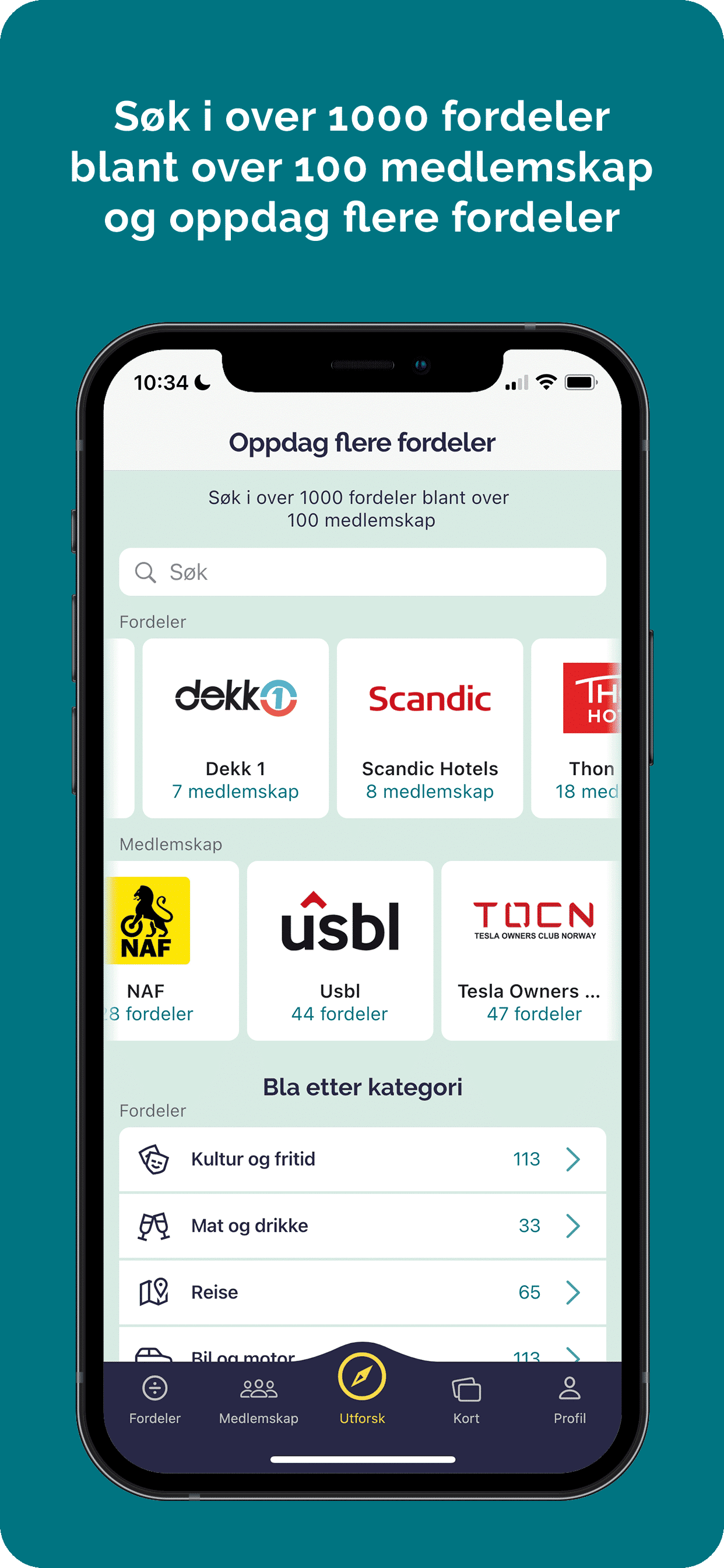 Søk i over 1000 fordeler blant over 100 medlemskap og oppdag flere fordeler.