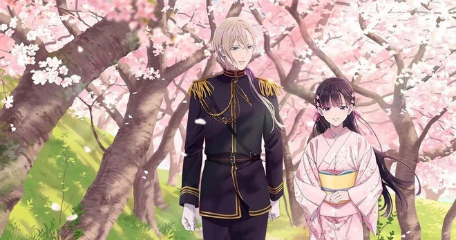 beautiful scenery of the young couple standing in glowing flowers