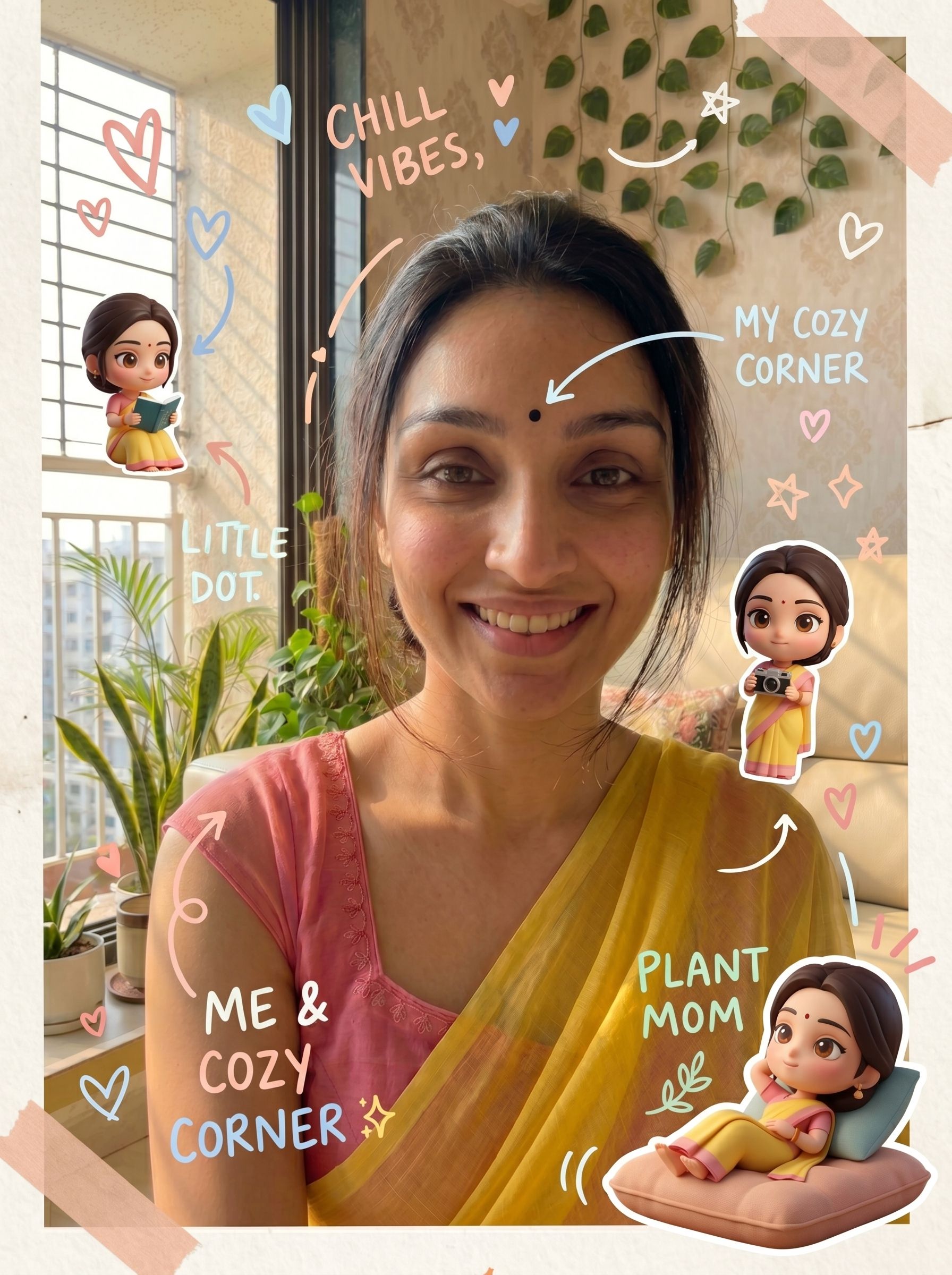 Cozy Scrapbook-Style Image with Mini Alter-Egos and Aesthetic Annotations