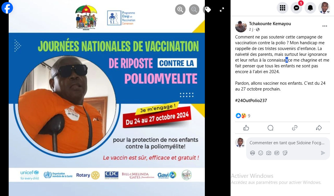 Tchakounte Kemayou participe à une campagne de lutte contre polio. Crédit : Capture d'écran facebook