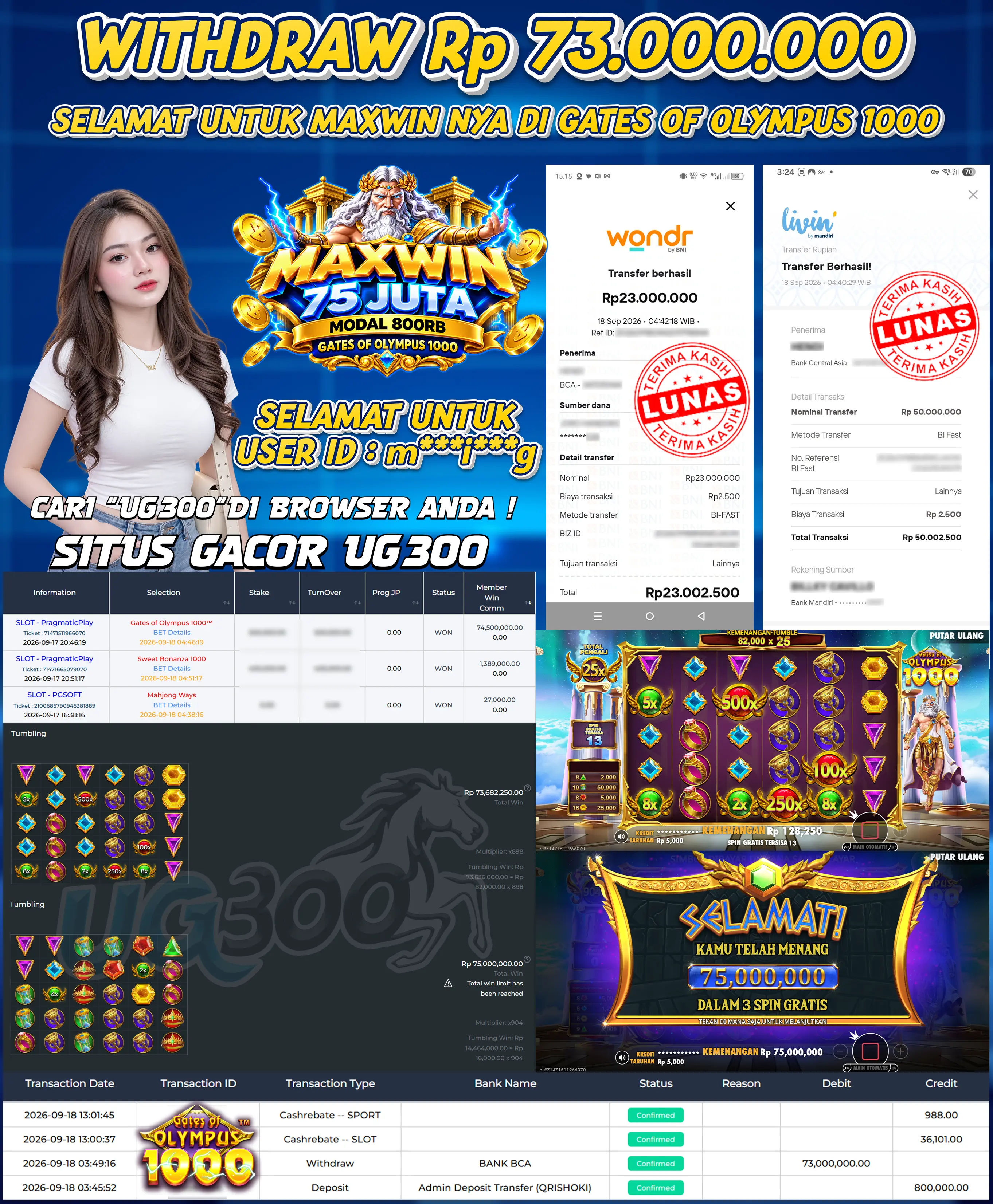 UG300 BERMAIN GATES OF OLYMPUS 1000 DAPAT JACKPOT MAXWIN WD Rp 73,000,000- DI BAYAR TUNTAS
