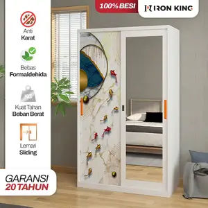Iron King Lemari Pakaian Lemari Besi Sliding 2 Pintu Lemari Pakaian Minimalis Full Besi & Motif