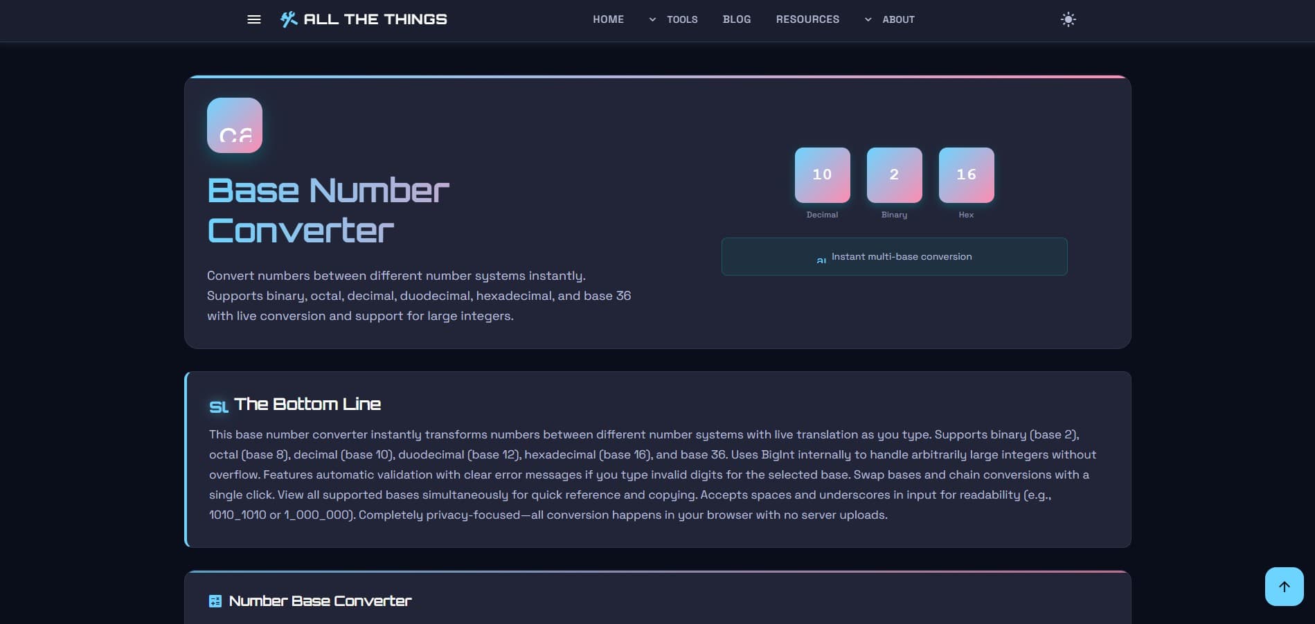 Base number converter tool landing page showing conversion input fields