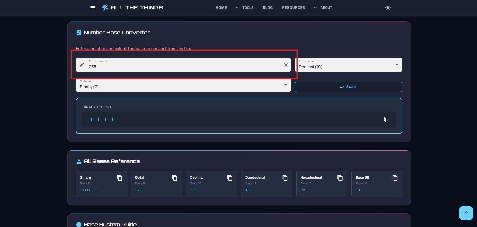 User entering the decimal number 255 into the converter