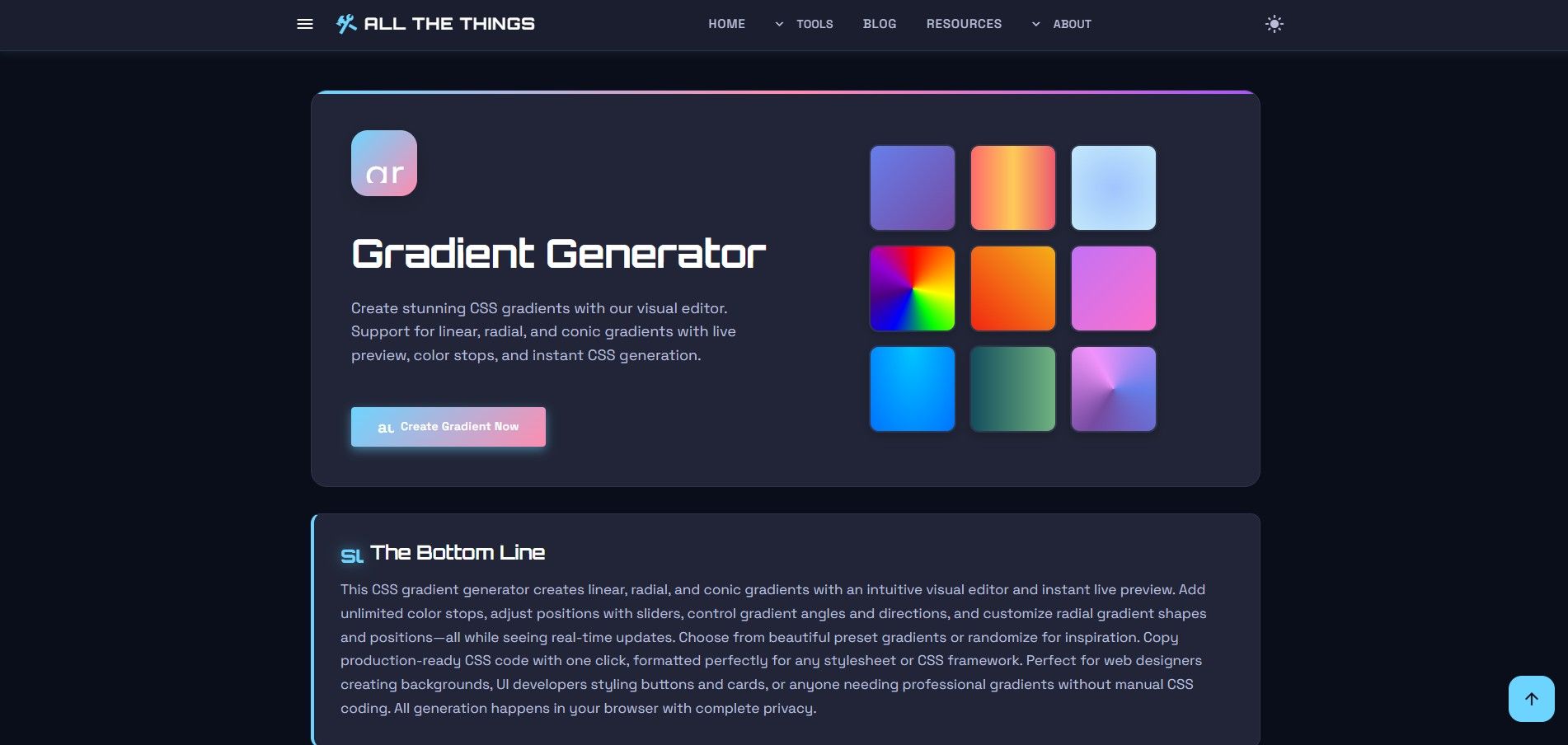 Hero section of the Gradient Generator showing the gradient icon and title