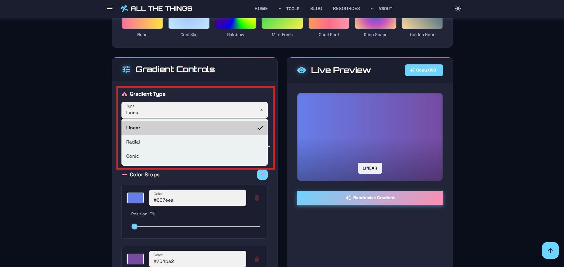 Screenshot showing the three gradient type buttons: Linear, Radial, and Conic