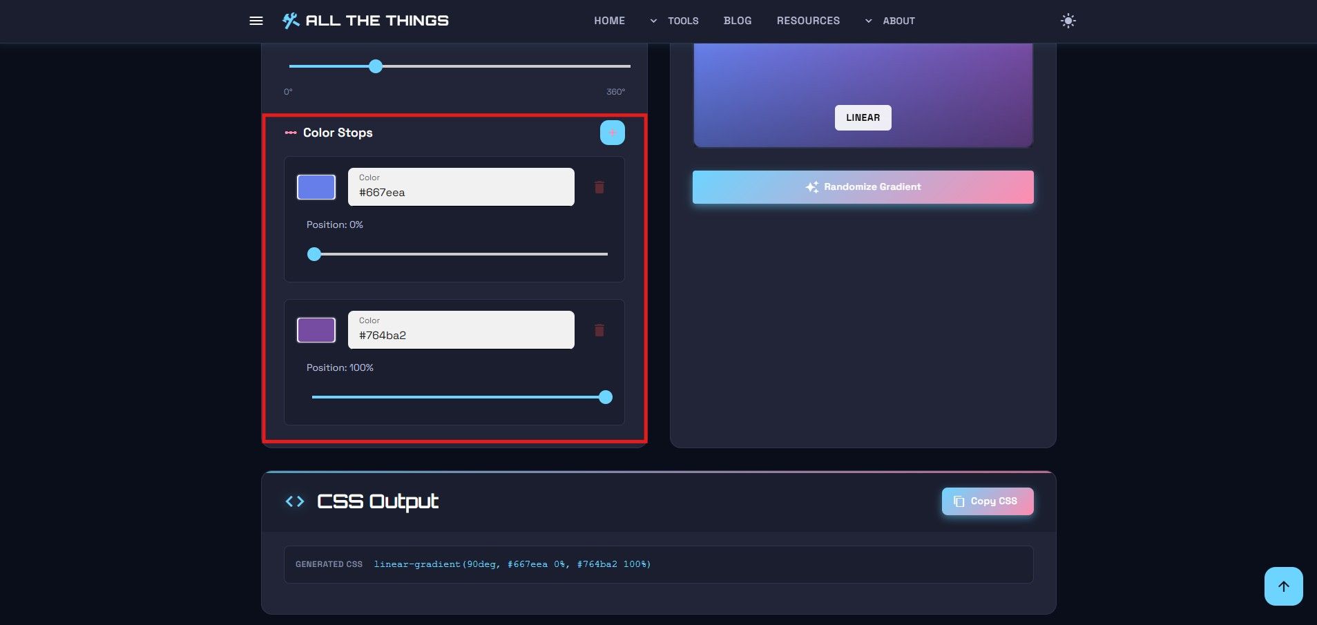 The color stops interface showing two default color stops with position sliders