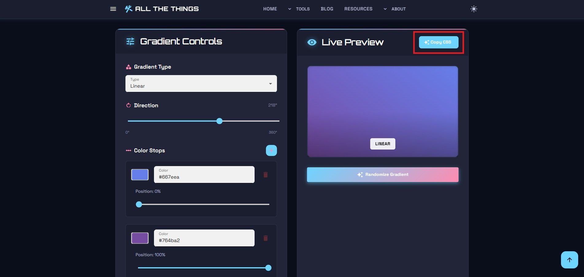 CSS output box showing the generated gradient code with a Copy button