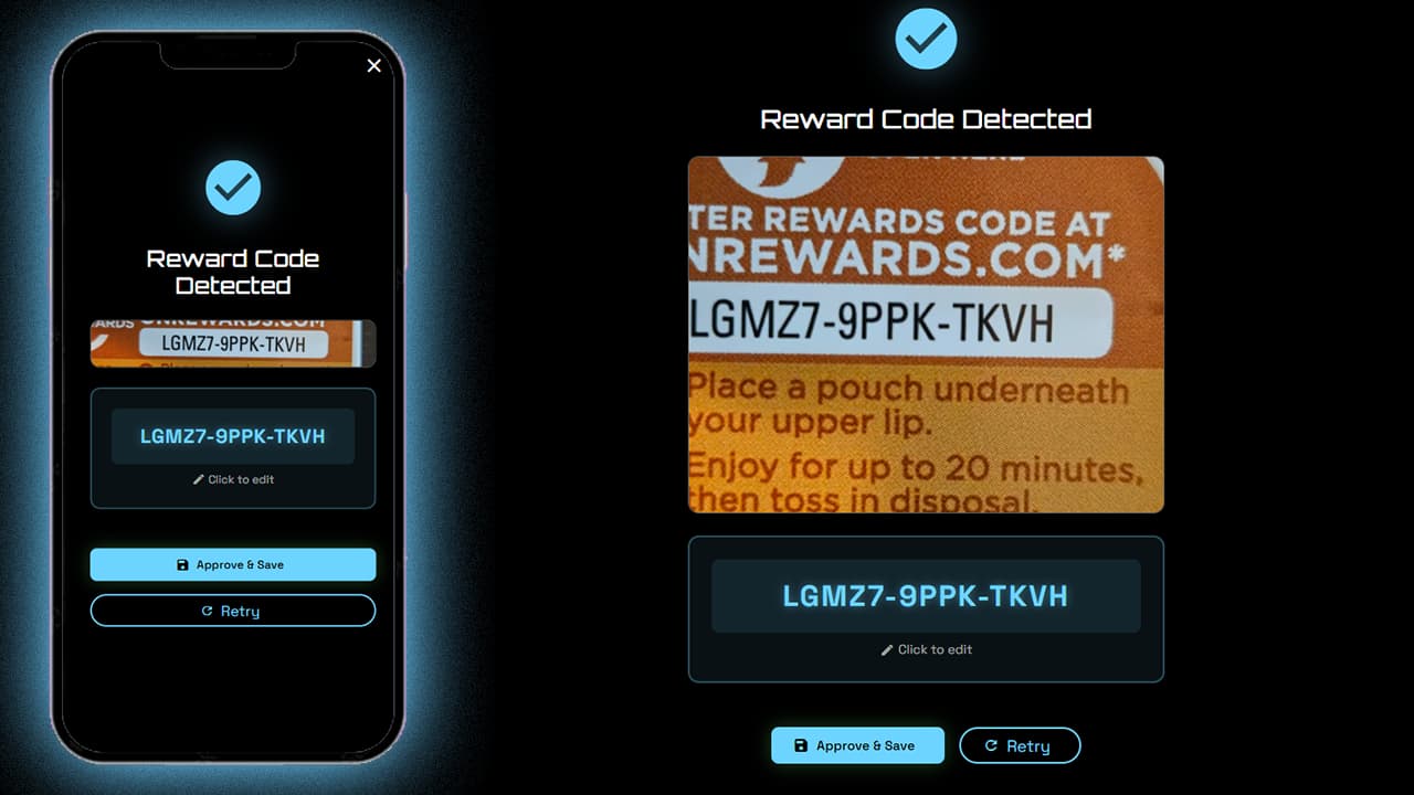 Review and approved reward code scan.