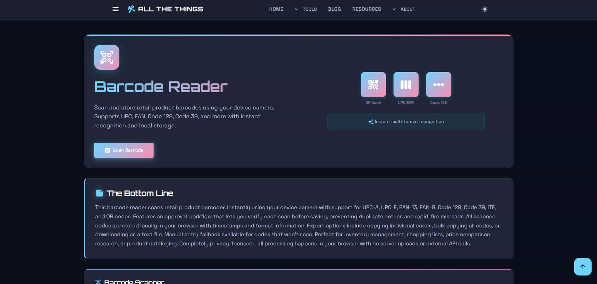 Barcode scanner landing page with hero section and Scan Barcode button