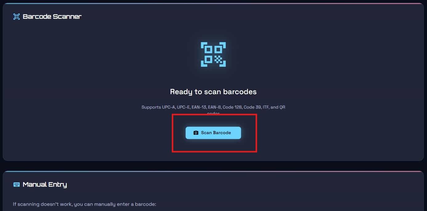 Scanner interface in idle state ready to scan barcodes