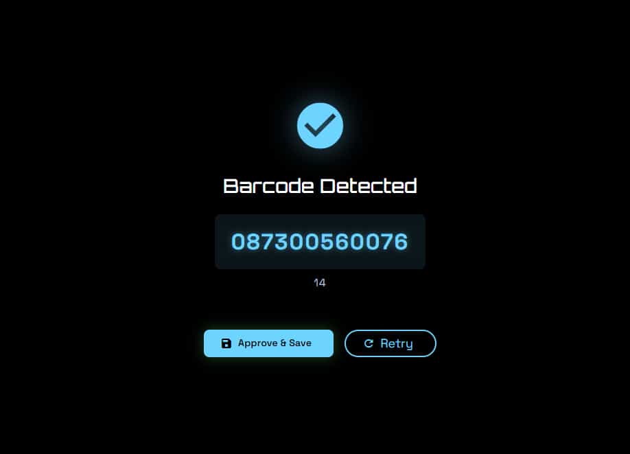 Scan result screen with detected barcode and approval options