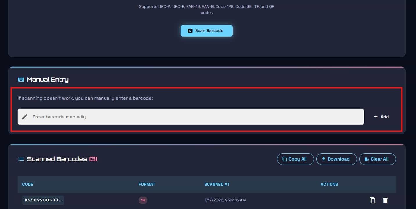 Manual entry interface for typing barcode numbers