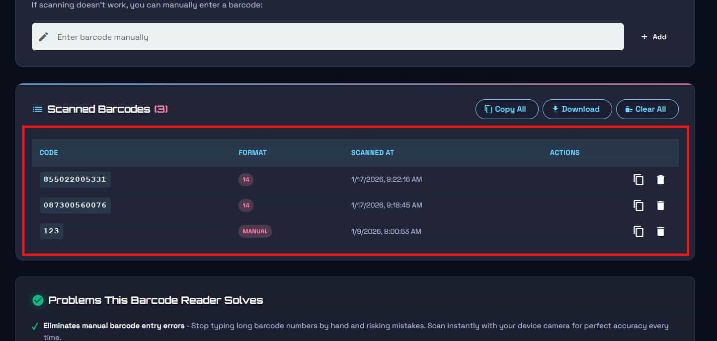 Scanned barcodes table with codes, formats, and timestamps
