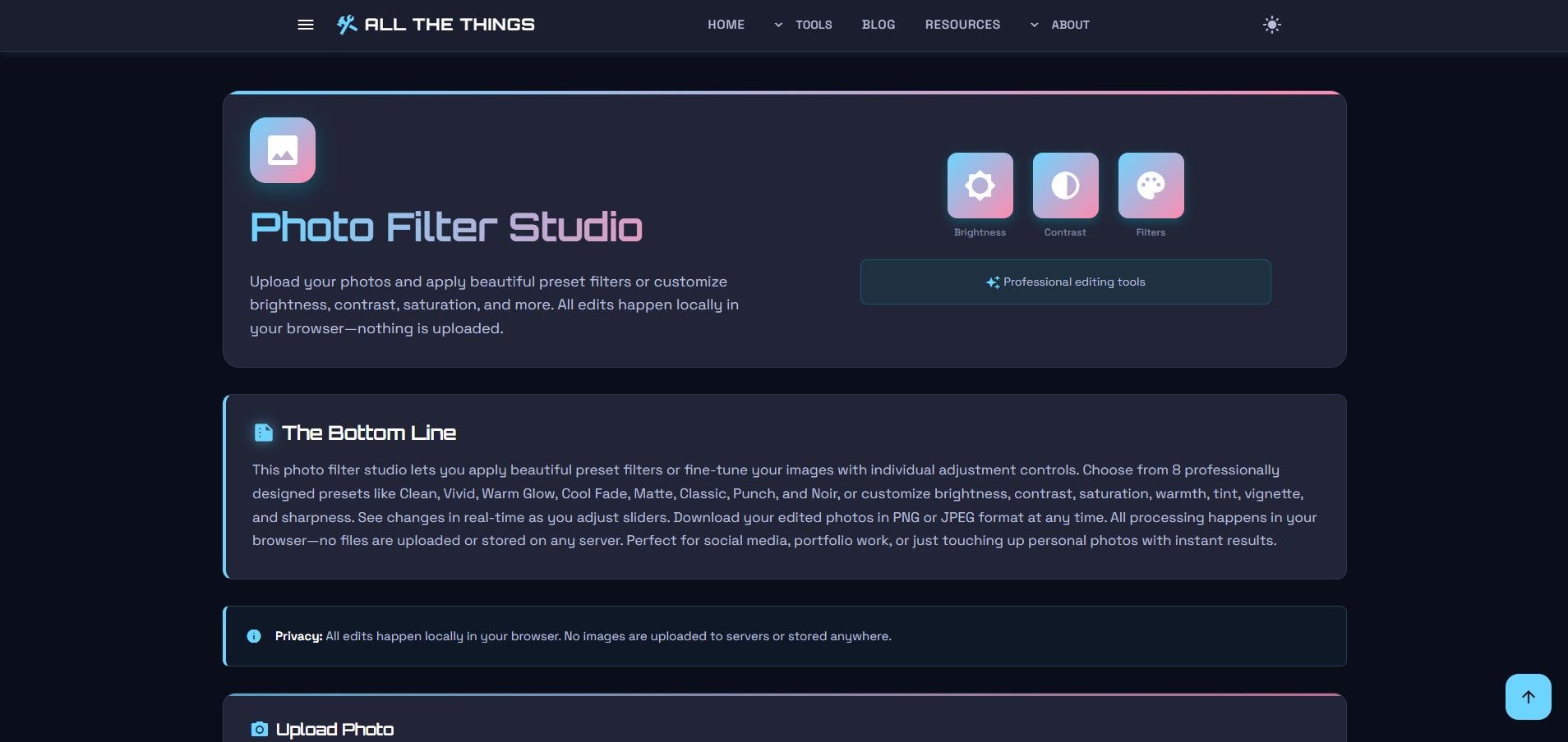 Hero section of the Photo Filter Studio showing the image editor icon and title