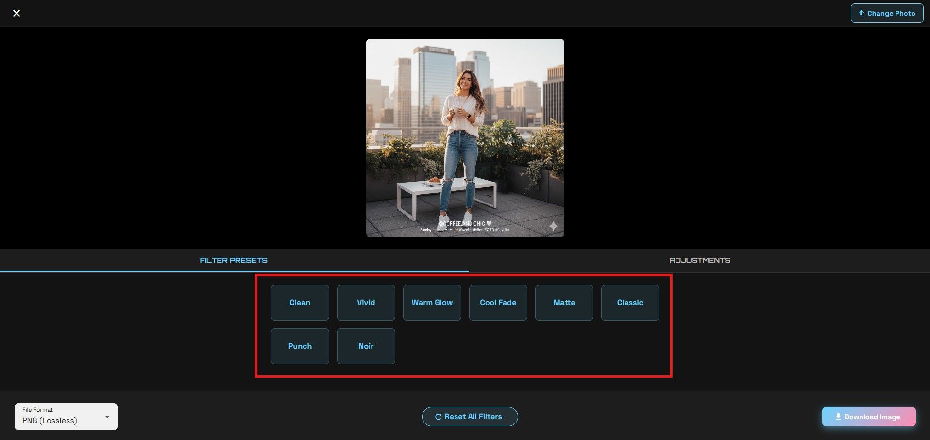 The preset filter buttons showing Clean, Vivid, Warm Glow, Cool Fade, Matte, Classic, Punch, and Noir
