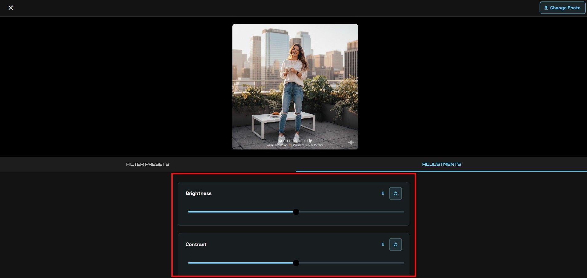 The adjustment sliders panel showing brightness, contrast, saturation, and other controls