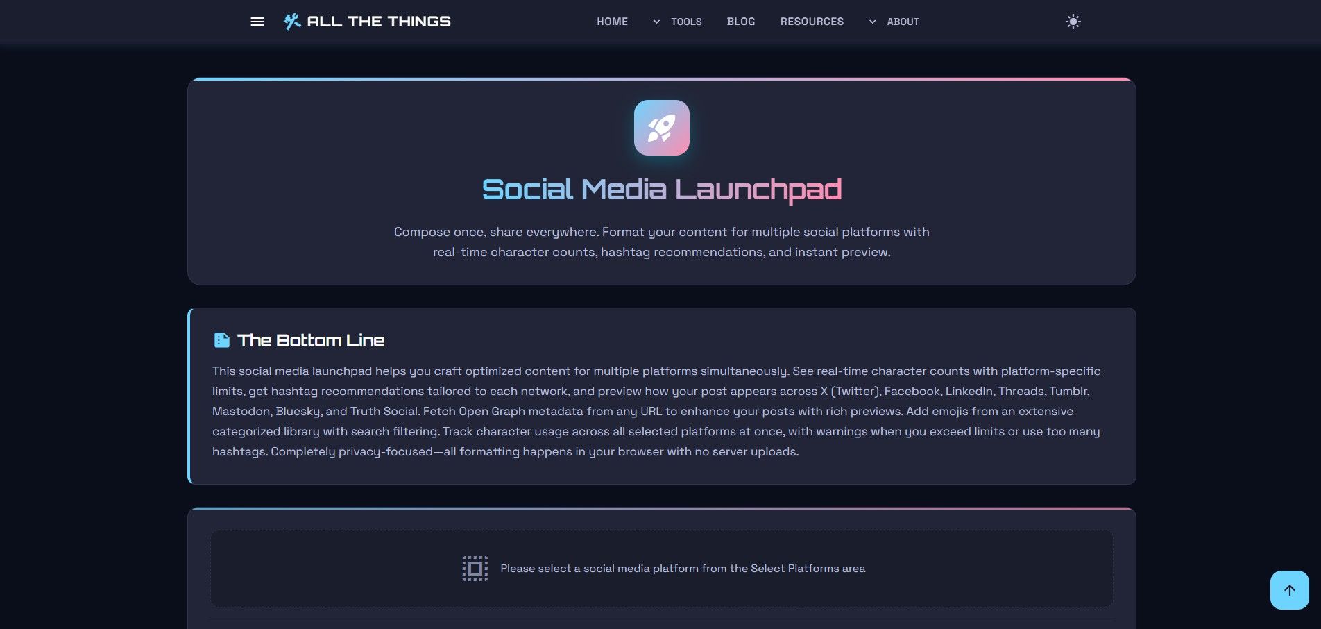 Hero section of the Social Media Launchpad showing the rocket icon and title