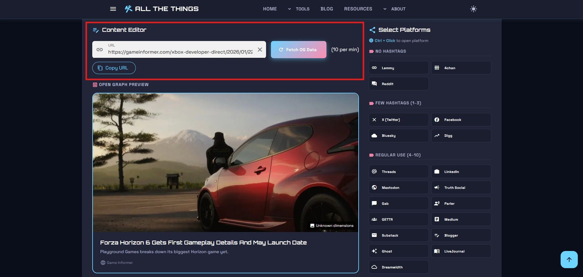 The URL input section with the Fetch OG Data button and the (10 per min) hint visible
