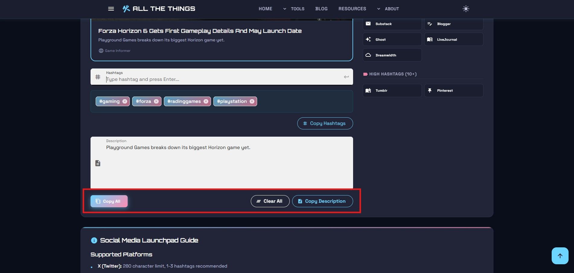 The three-button layout under the description showing Copy All, Clear All, and Copy Description