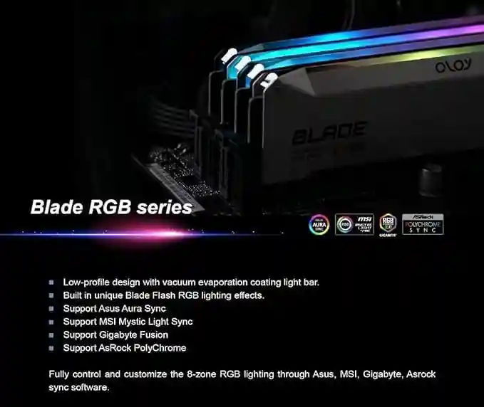 OLOy DDR4 RAM 16GB (2x8GB) Black Hairline Blade RGB 3200 MHz CL16 1.35V 288-Pin Desktop Gaming