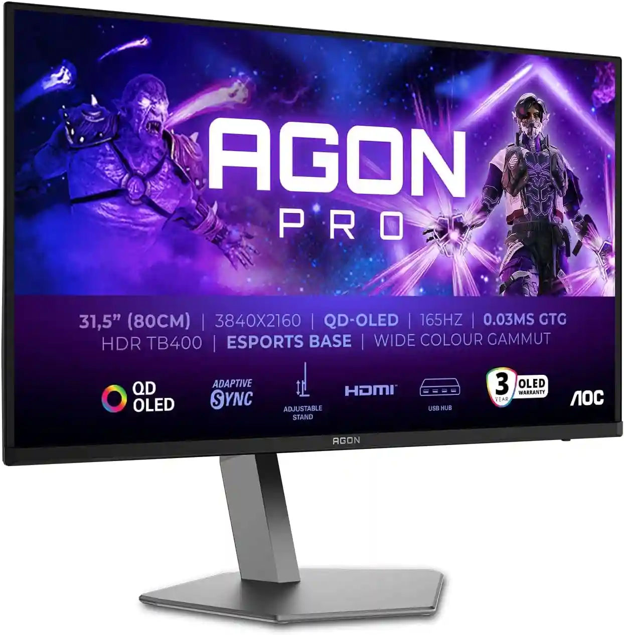 AOC Agon Pro AG326UD - 32 Zoll UHD OLED Gaming Monitor, 165 Hz, 0.03 ms, HDR400, FreeSync Prem. Pro, G-Sync comp. (3840x2160, 2X HDMI 2.1, 1x DP 1.4, USB Hub) schwarz grau