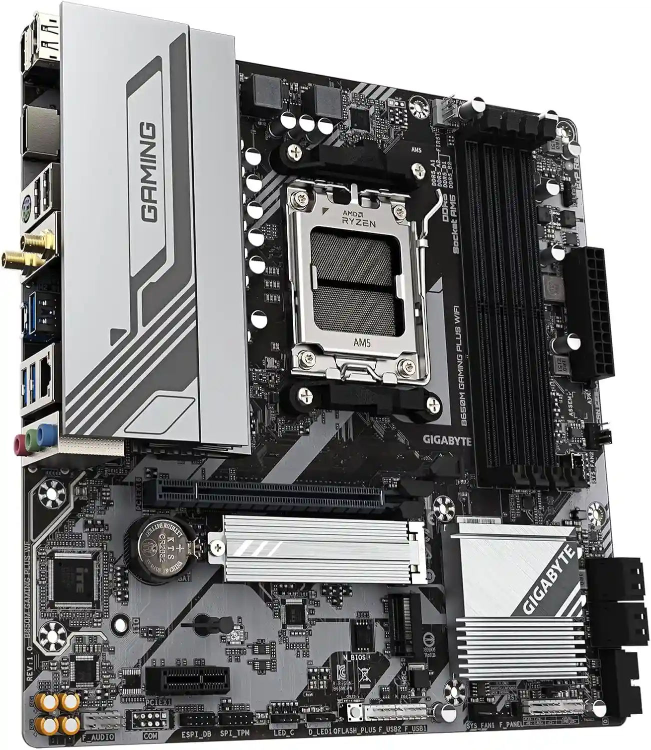 GIGABYTE B650M GAMING PLUS WIFI AMD AM5 mATX Motherboard, Support Ryzen 9000/8000/7000 Series, DDR5, 5+2+2 Power Phase, 2x M.2, PCIe 4.0, USB-C 3.2 Gen 1, WIFI6E, 2.5GbE, EZ-Latch, Q-Flash, RGB Fusion