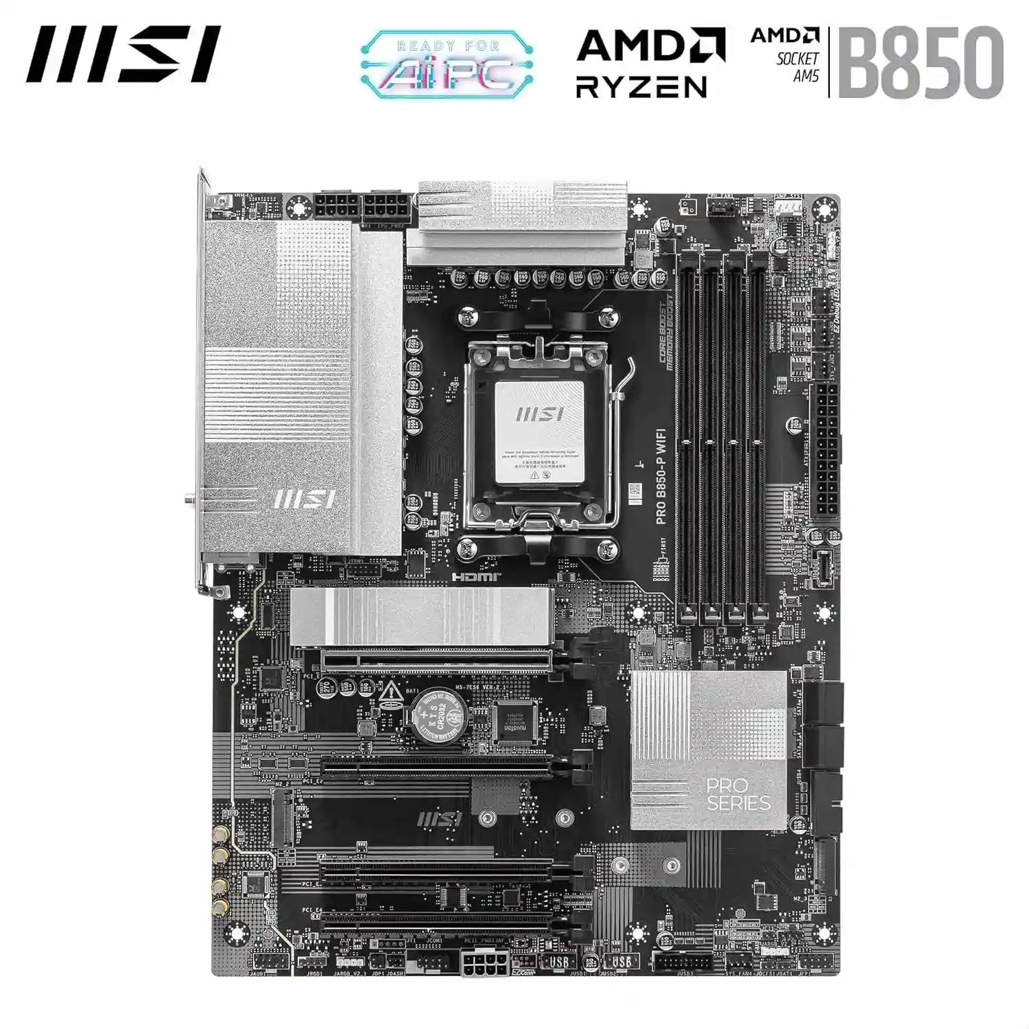 MSI PRO B850-P WIFI Motherboard, ATX - Supports AMD Ryzen 9000/8000 / 7000 Processors, AM5 - DDR5 Memory Boost (8200+ MT/s OC), PCIe 5.0 x16 & 4.0 x16, M.2 Gen5, Wi-Fi 7, 5G LAN
