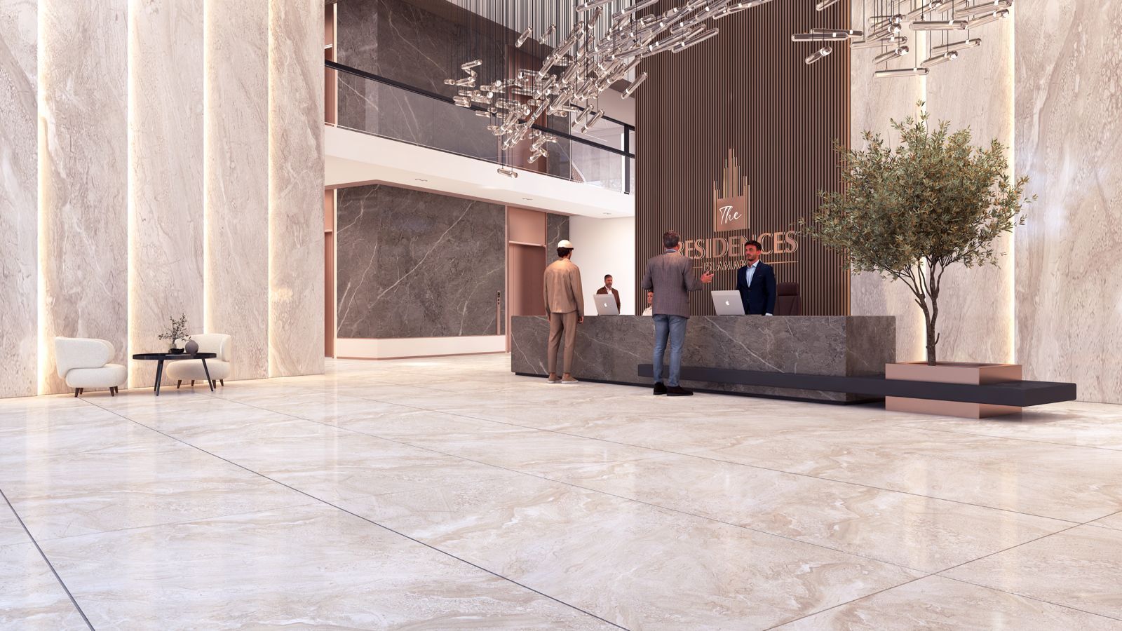 Modern room with fireplace and large windows