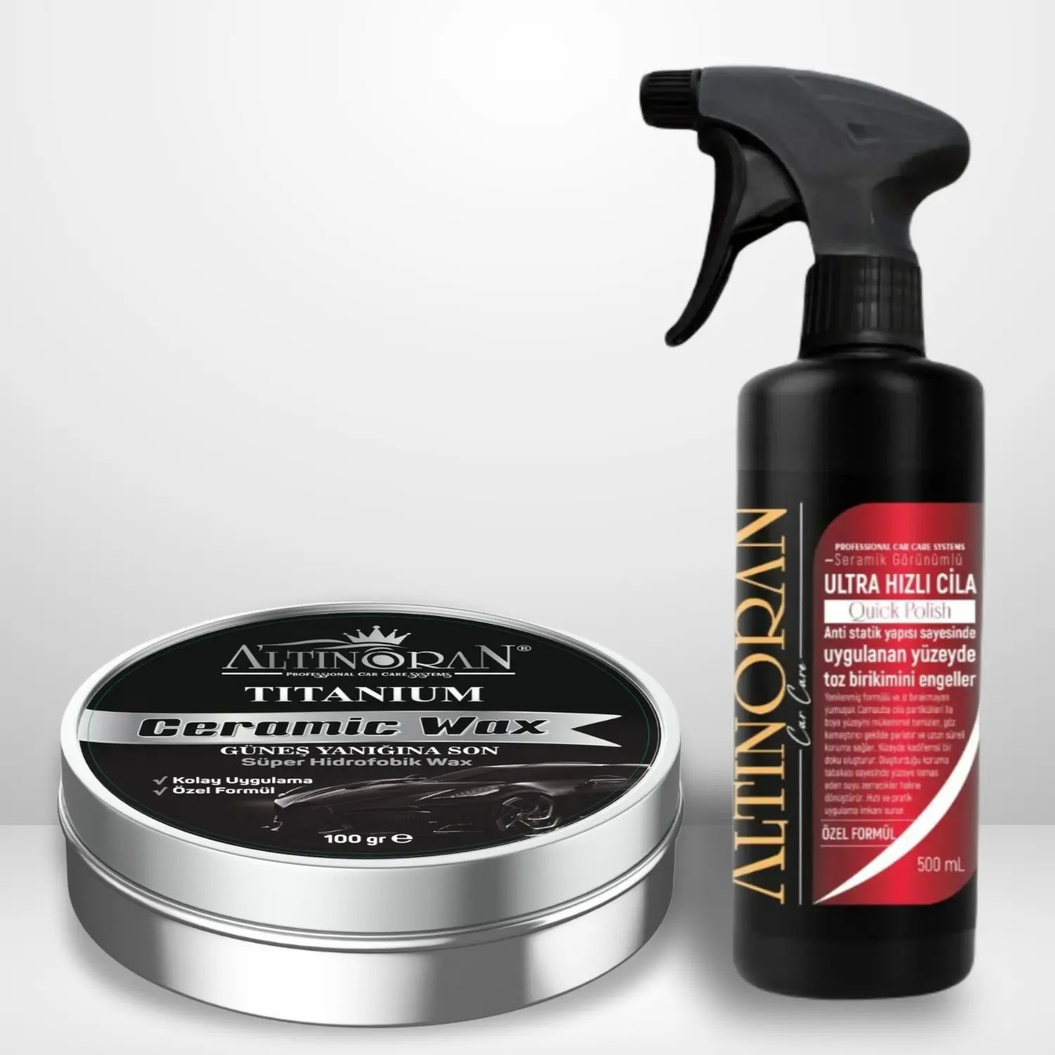 Altınoran Titanium Seramik Wax krem cila ve Altınoran Ultra Hızlı Cila sprey ürünlerinin bir arada olduğu paket görseli.