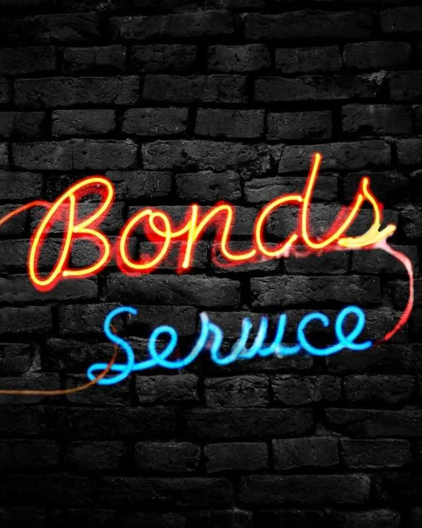 Neon Bail Bonds Service sign at night (bail-bonds-service.webp). 24-hour bail bonds, Lake County Florida.