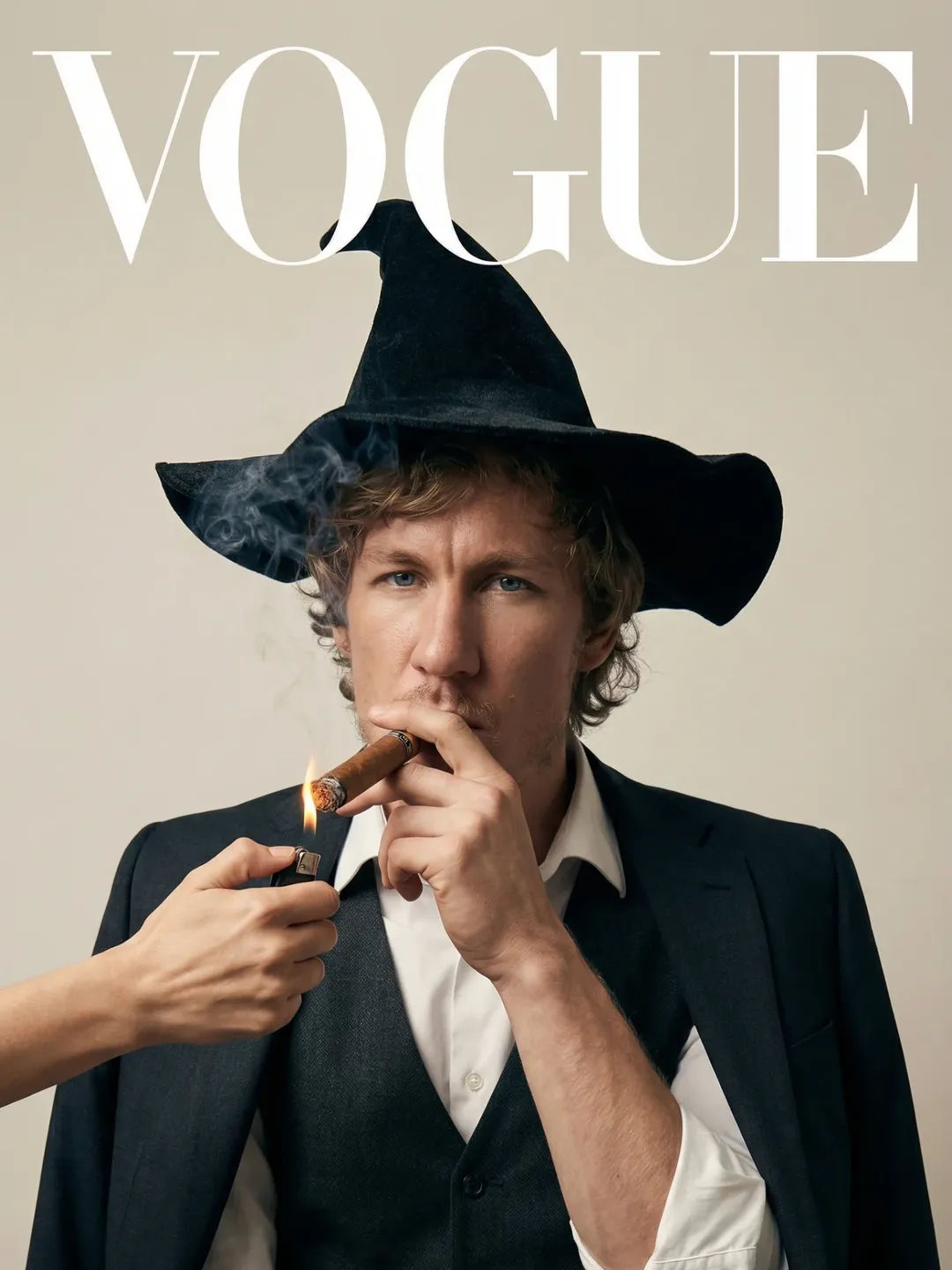 High-Fashion Magazine Cover Prompt – Elegant Suit, Cigar, Minimal Beige Background — Portrait AI art prompt example for Midjourney and Stable Diffusion